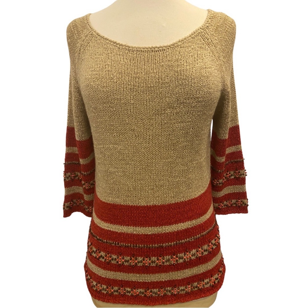 AUGUST SILK vintage beaded sweater wide scoop neck beige red with wooden beads